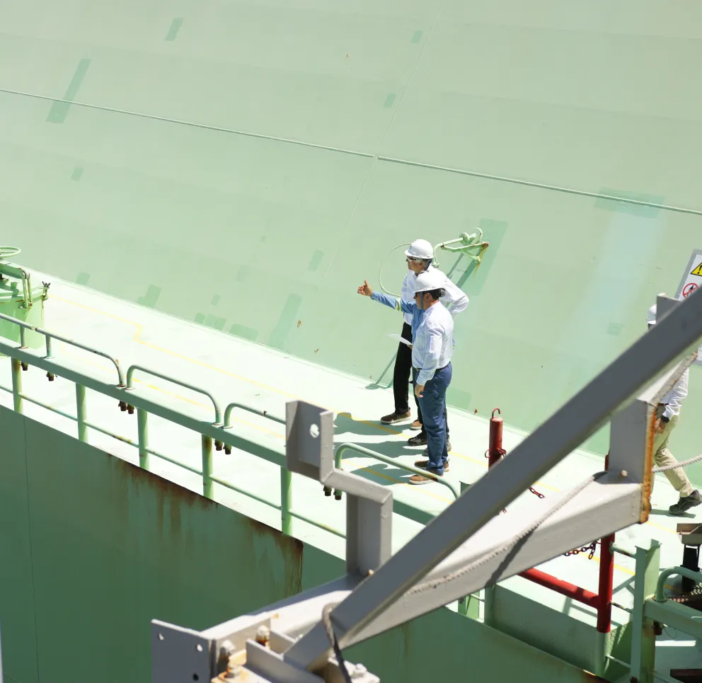 Two individuals wearing hard hats and safety gear stand on a green industrial platform, inspecting the area and pointing to something in the distance. Metal structures and railings are visible, indicating an industrial setting.