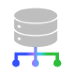Icon of a gray database with three tiers connected to a network symbol in blue and green.