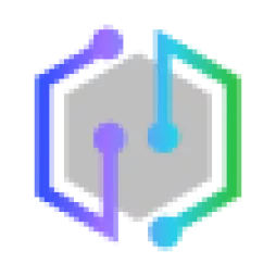Stylized hexagon icon with gradient lines and dots in purple and green.