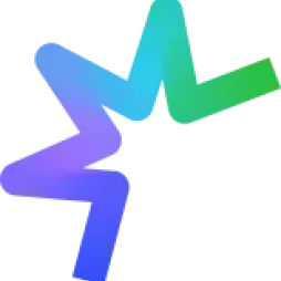 A colorful abstract zigzag shape with gradients of blue, purple, and green on a black background.