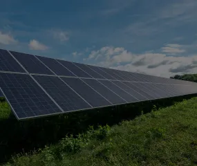 Rows of solar panels in a green field under a clear blue sky.