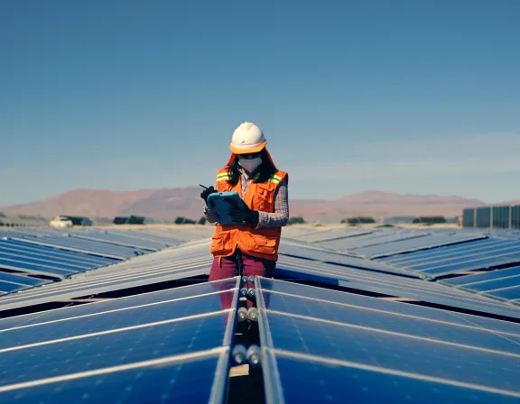 A person wearing an orange safety vest and hard hat stands among rows of solar panels, holding a tablet. The background features a clear blue sky and distant mountains.