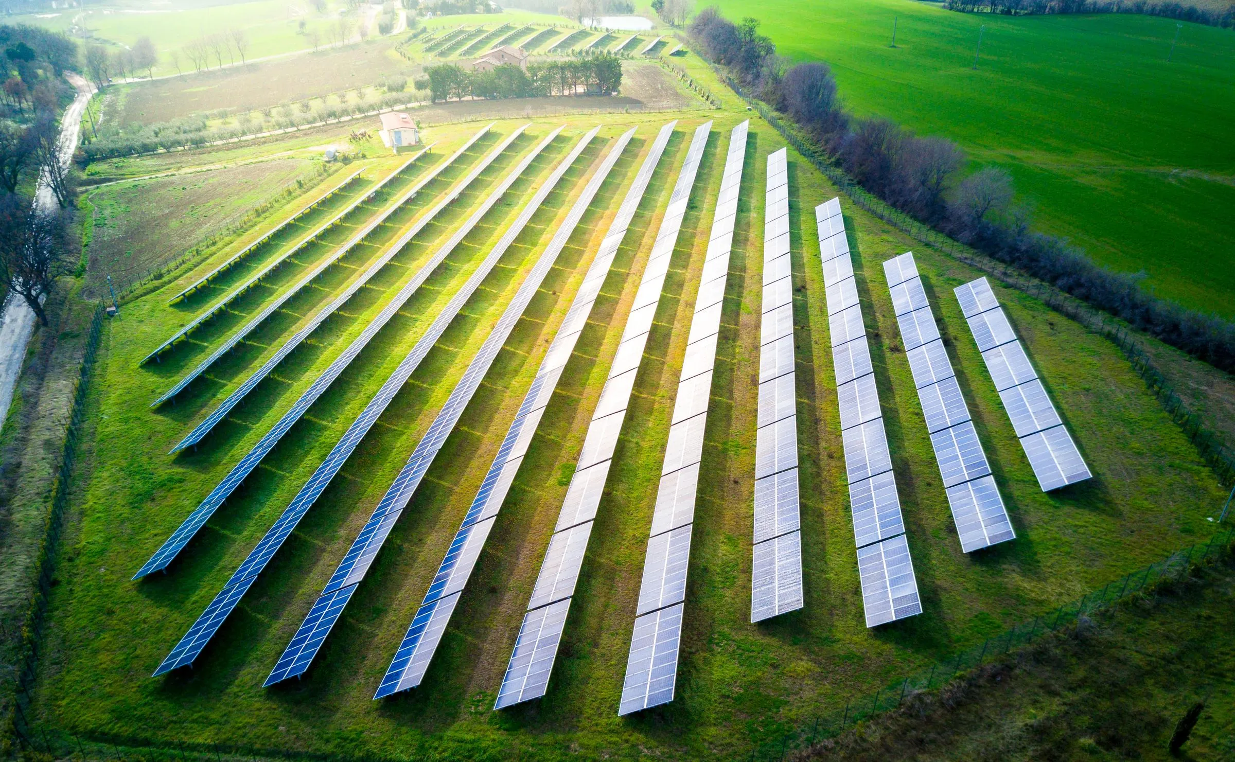 Aerial view of a solar farm with multiple rows of solar panels on a grassy field surrounded by trees and a road.