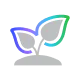 Gray plant icon with two leaves outlined in gradient colors.