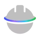 A gray spherical object with a multicolored horizontal band across its middle.