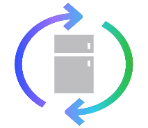 Icon of a gray refrigerator surrounded by two curved arrows, one blue and one green, indicating recycling or energy efficiency.