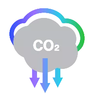 Illustration of a gray cloud with 'CO2' written inside. Three arrows in blue and purple point downward from the cloud, symbolizing carbon dioxide emissions.