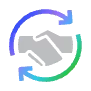 Icon of two hands shaking surrounded by two circular arrows, symbolizing partnership and continuous collaboration.