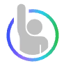 Gray abstract figure with one arm raised, surrounded by a gradient circle from blue to green.