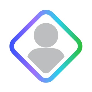 Gray user icon inside a diamond-shaped frame with a gradient border.