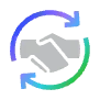 Gray handshake icon surrounded by blue and green circular arrows indicating collaboration.