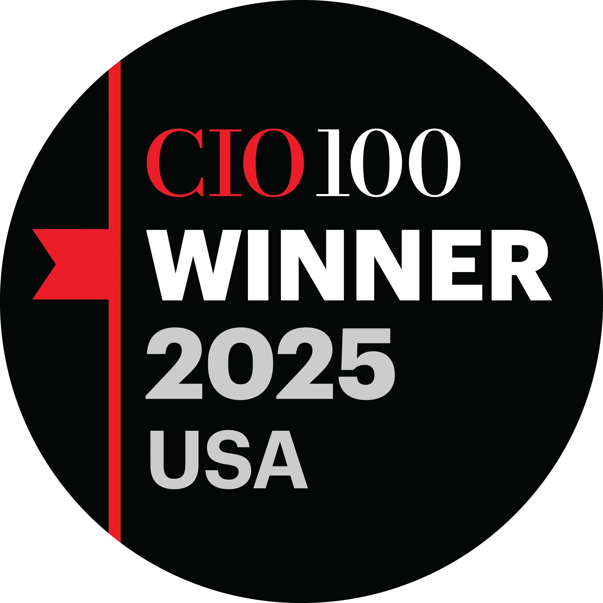 A circular logo with a black background. On the left, a red vertical bar with a ribbon shape. Text reads 'CIO 100 WINNER 2025 USA' in white and red letters.