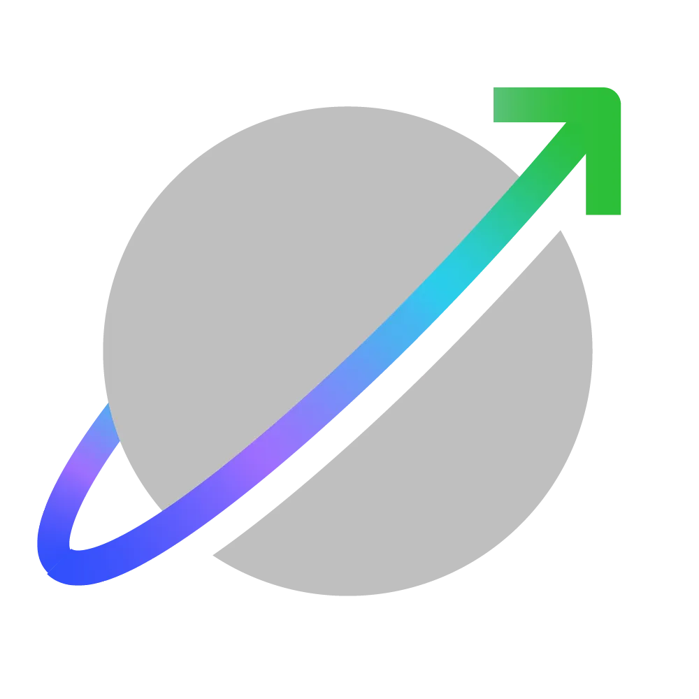 A gray circle with a gradient arrow wrapping around it, transitioning from blue to green, pointing upwards.