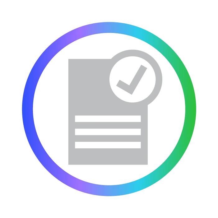 Gray document icon with horizontal lines and a checkmark in a circle, surrounded by a gradient blue and green ring, representing approval or verification.