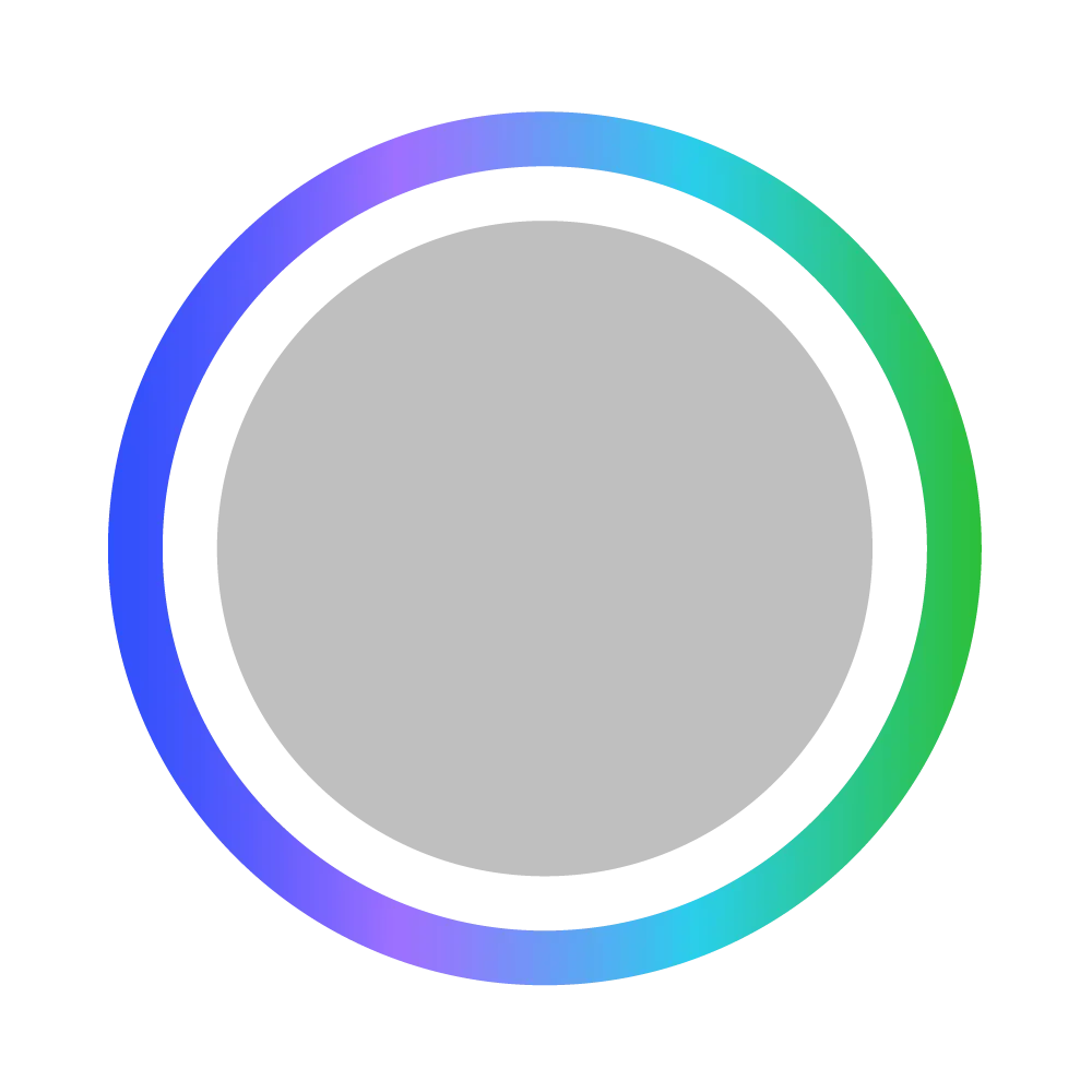 A large grey circle centered on a white background, surrounded by a thin white ring and an outer ring with a gradient transitioning from blue to purple to green.