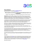 Press release document from AES announcing the first phase of a solar-plus-storage project in the United States. It includes contact information, a project overview, and details about the benefits and expected outcomes.