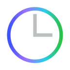 Minimalist clock icon with a gradient outline transitioning from blue to green.