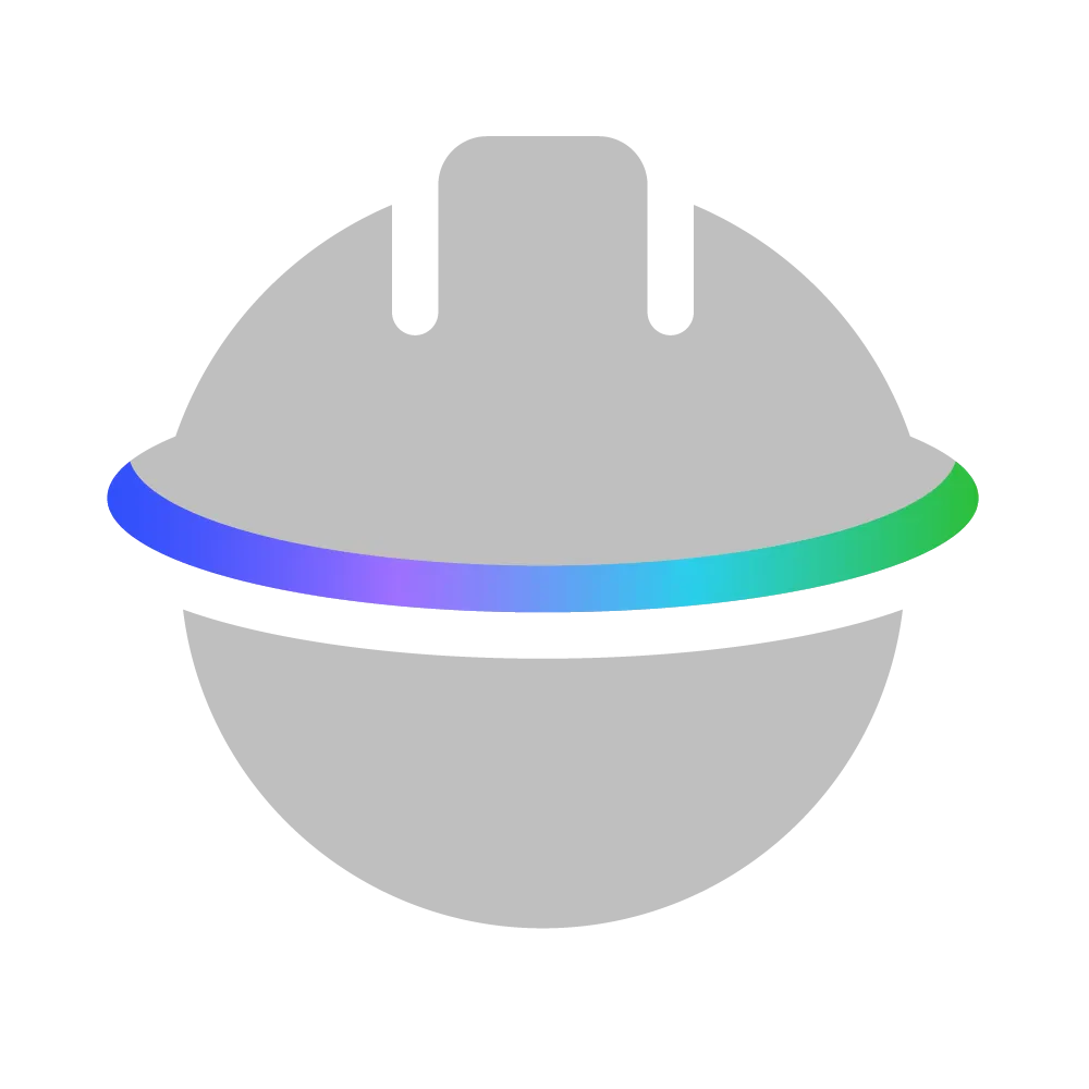 Gray helmet icon with a colorful gradient band around it.