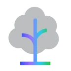 Stylized tree icon with a gradient of blue, purple, and green on a gray background.